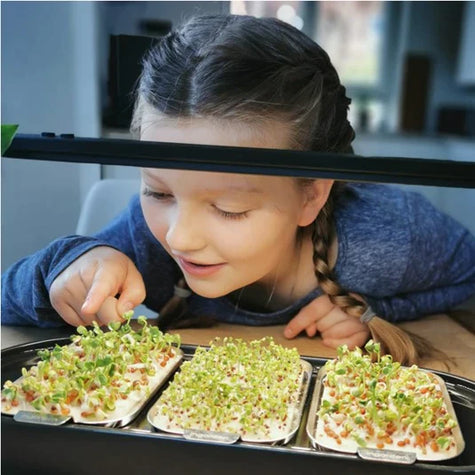 Little girl showing looking fascinated at her ingarden microgreens.